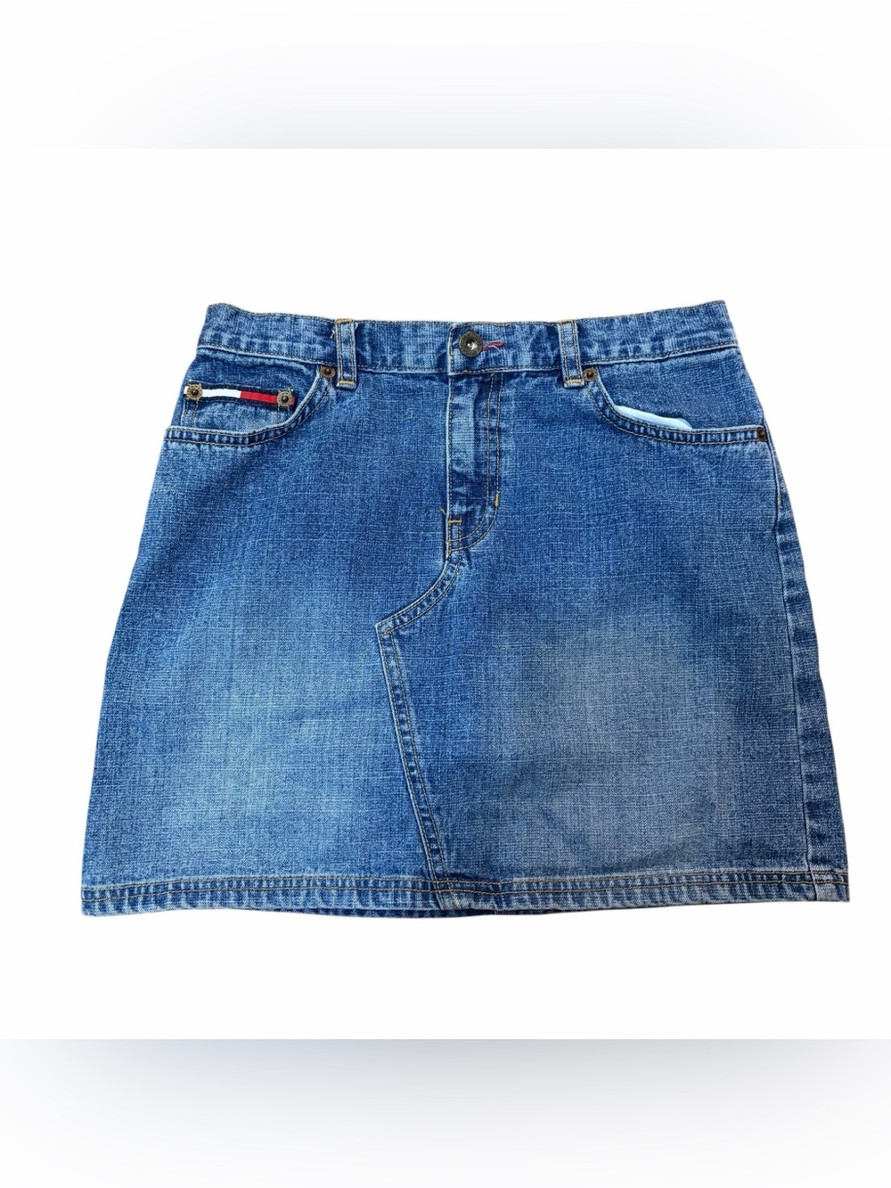 Tommy Hilfiger Classic Blue Denim Mini Skirt with Flag Trim size 12 Preowned